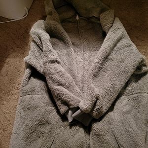 Long green fluffy hooded winter cardigan